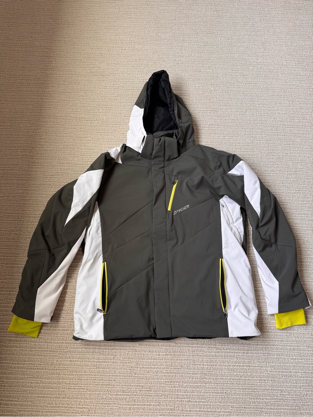 Spyder Men's Hooded Ski Jacket - Olive & White with Yellow Accents size XXL